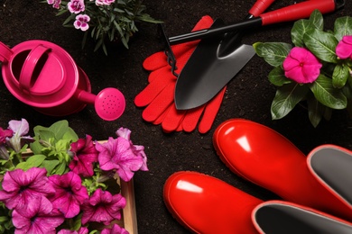 Flat lay composition with gardening equipment and flowers on soil