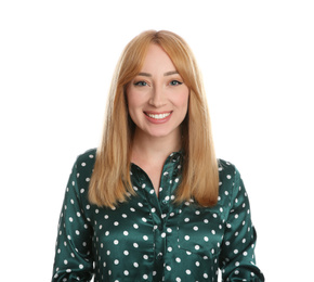 Portrait of beautiful young woman with blonde hair on white background