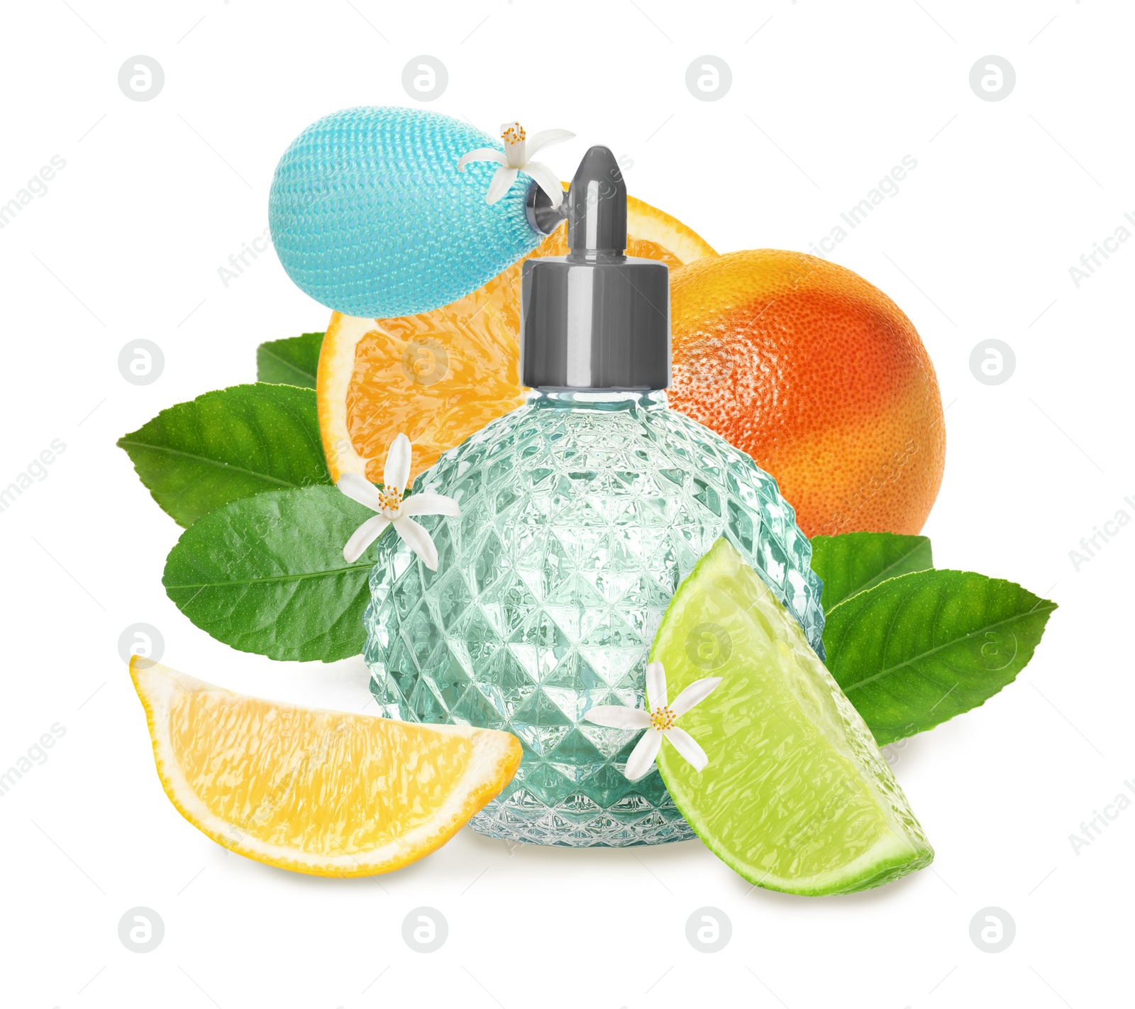 Image of Bottle of perfume with citrus scent on white background