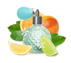 Image of Bottle of perfume with citrus scent on white background