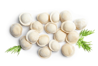 Photo of Raw dumplings on white background, top view. Home cooking