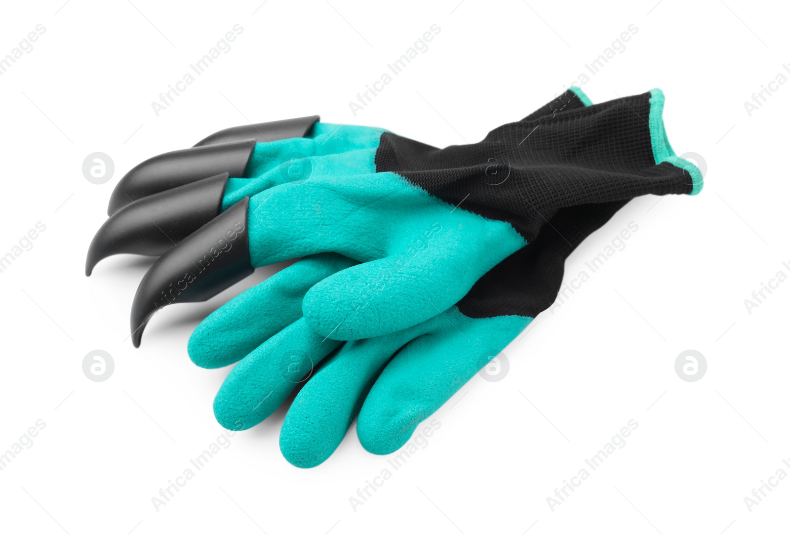 Photo of Pair of claw gardening gloves isolated on white