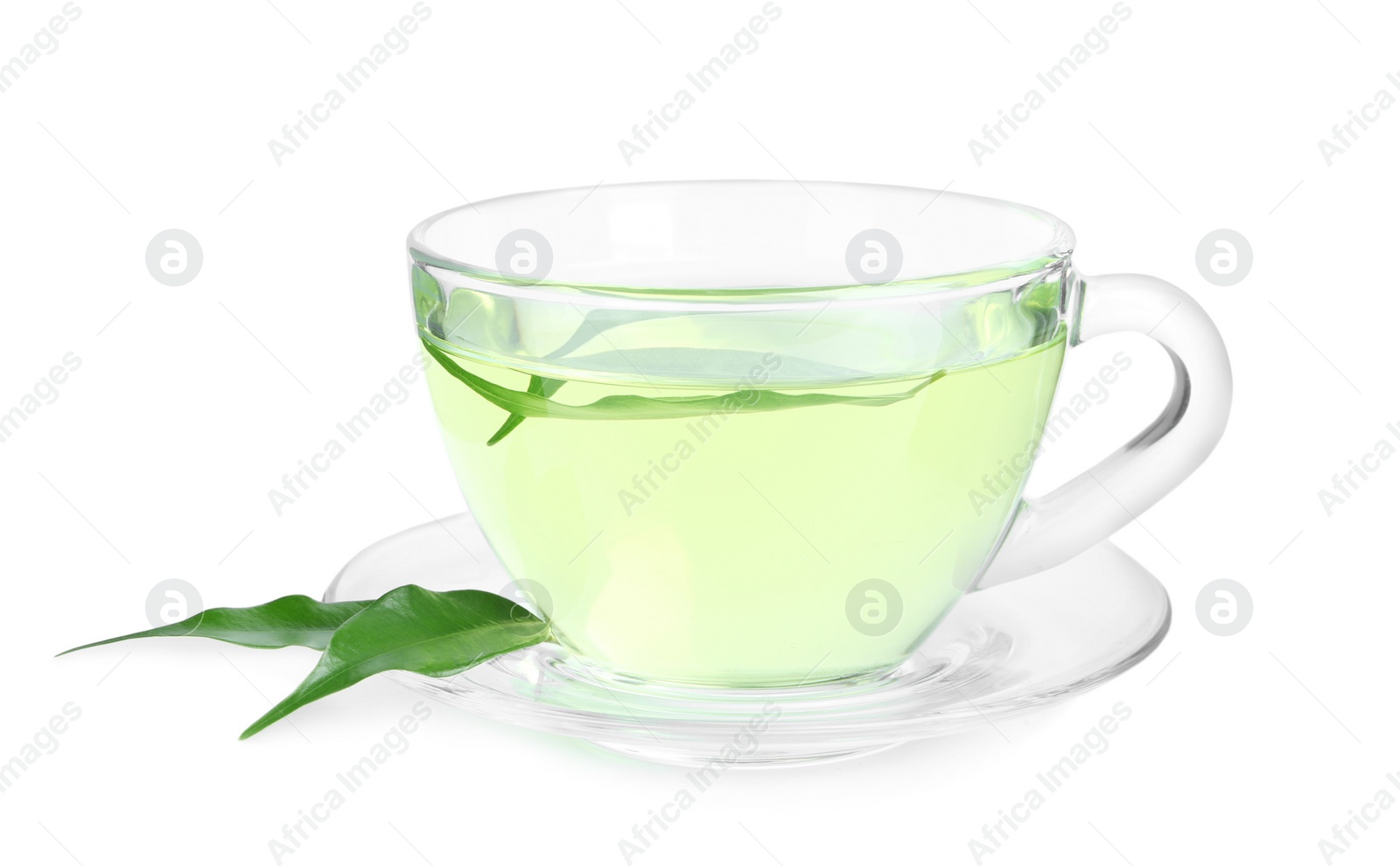 Photo of Cup of aromatic green tea and leaves isolated on white