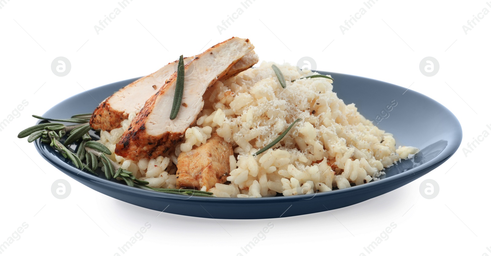 Photo of Delicious risotto with chicken isolated on white