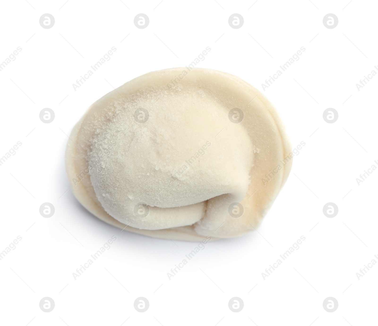 Photo of Frozen raw dumpling on white background. Traditional dish