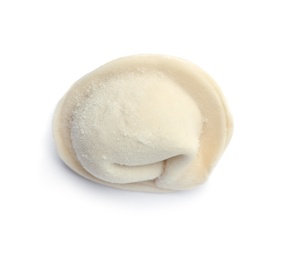 Photo of Frozen raw dumpling on white background. Traditional dish