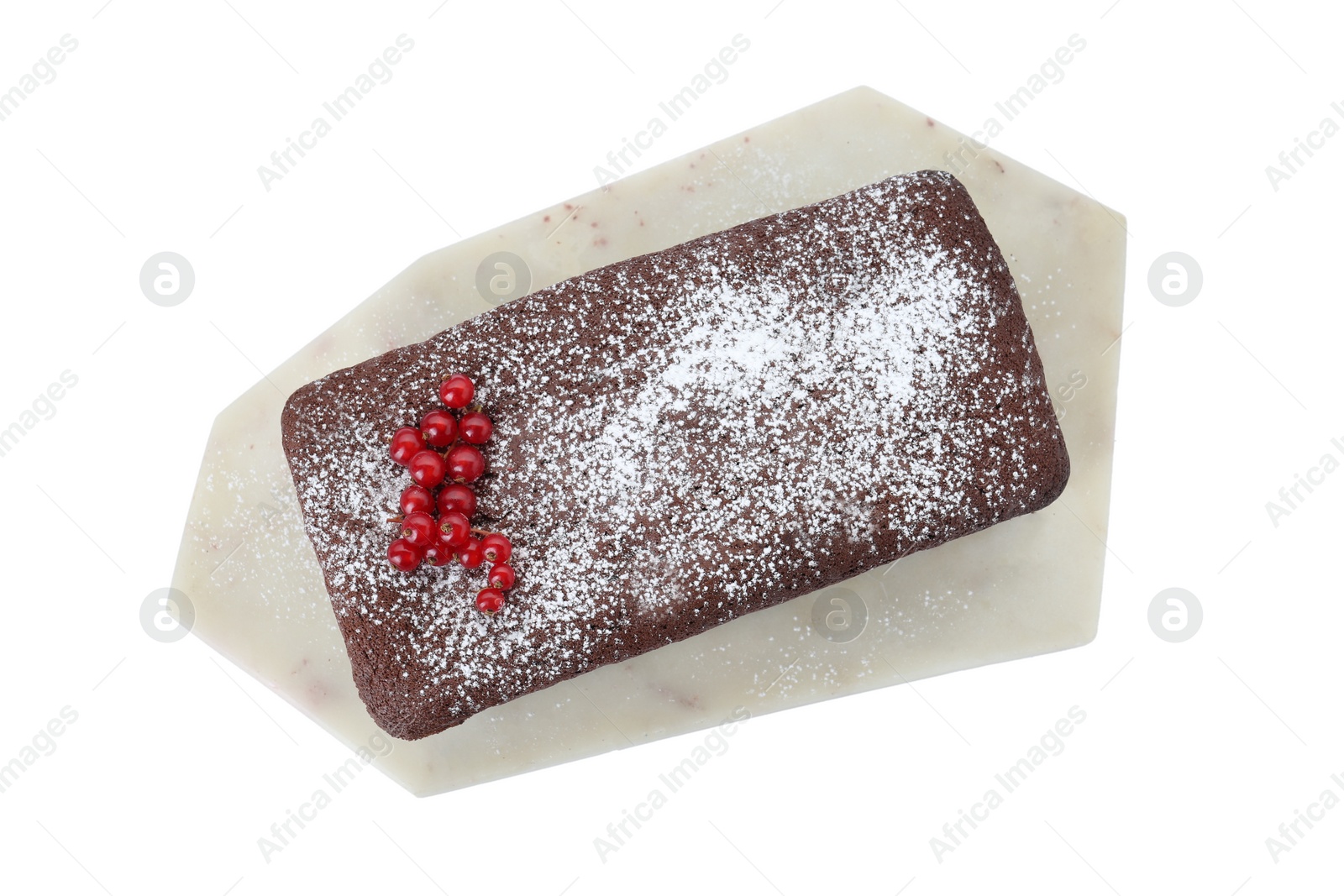 Photo of Tasty chocolate sponge cake with powdered sugar and currant isolated on white, top view