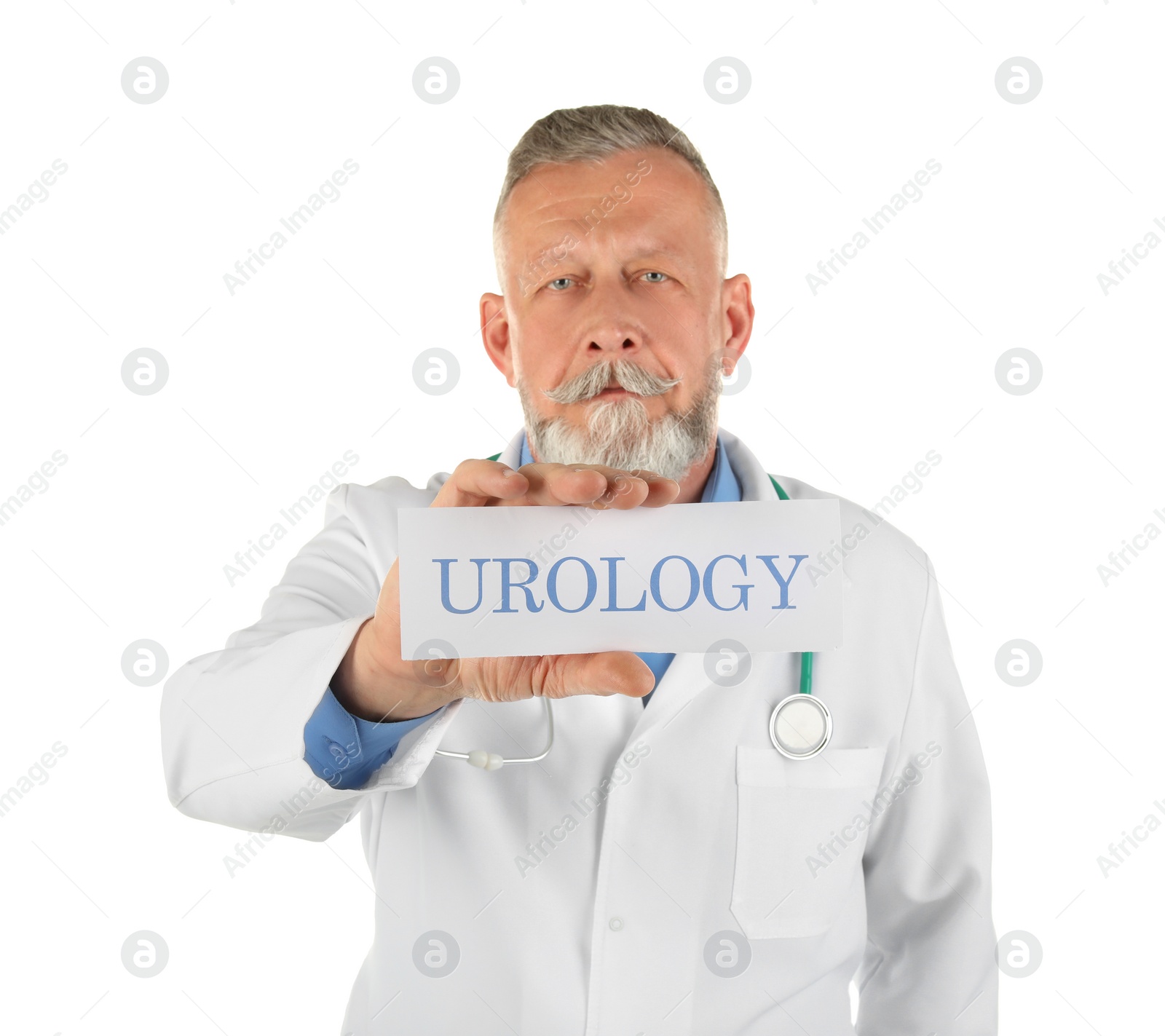 Photo of Male doctor holding paper with word UROLOGY on white background