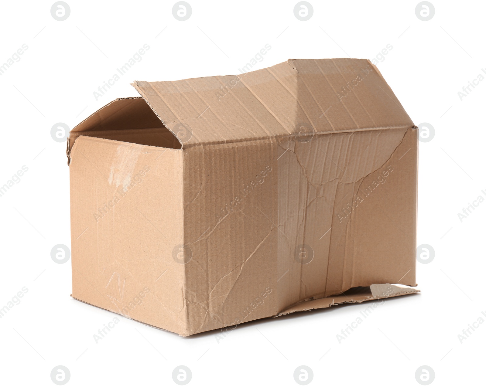 Photo of Crumpled brown cardboard box on white background. Recyclable material