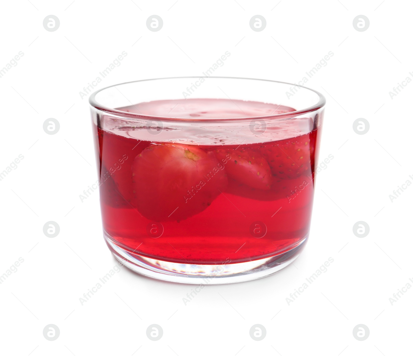 Photo of Tasty jelly dessert with slices of strawberry in glass on white background