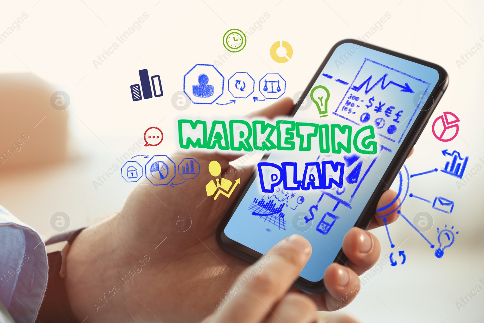 Image of Digital marketing concept. Man using modern smartphone, closeup