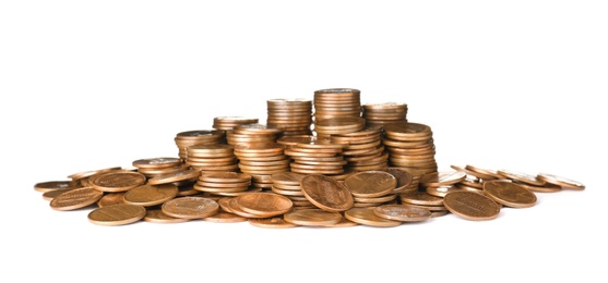 Photo of Pile and stacks of US coins isolated on white