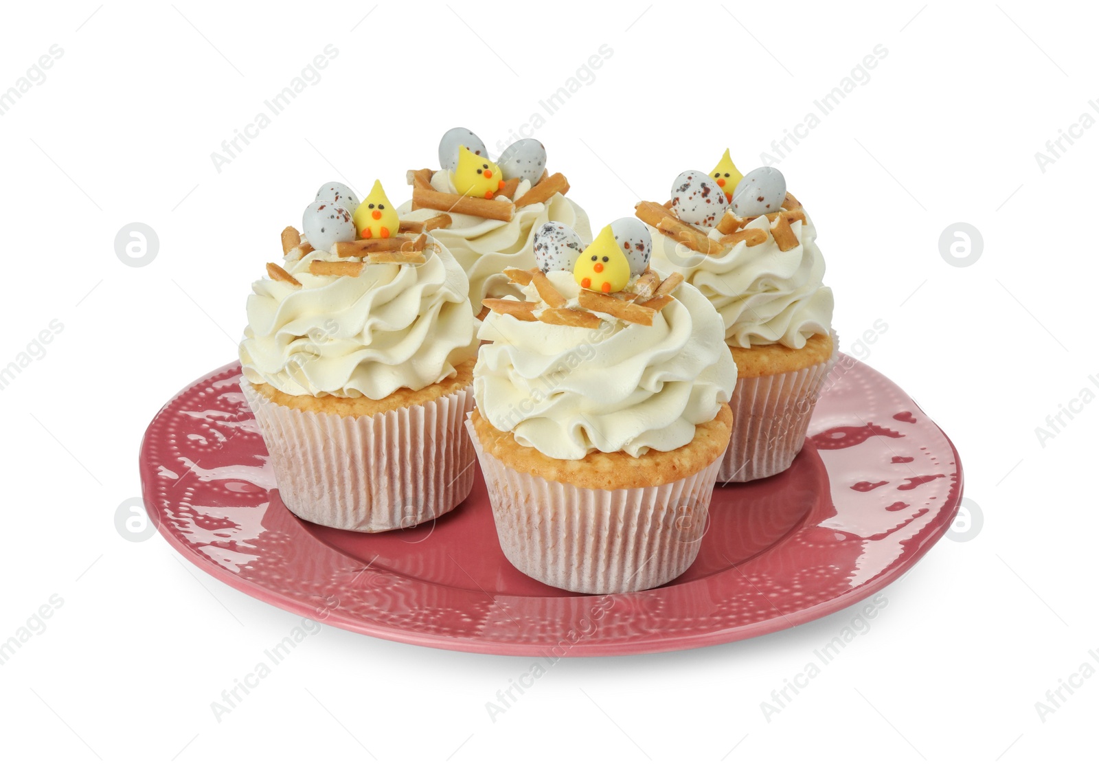 Photo of Tasty Easter cupcakes with vanilla cream isolated on white