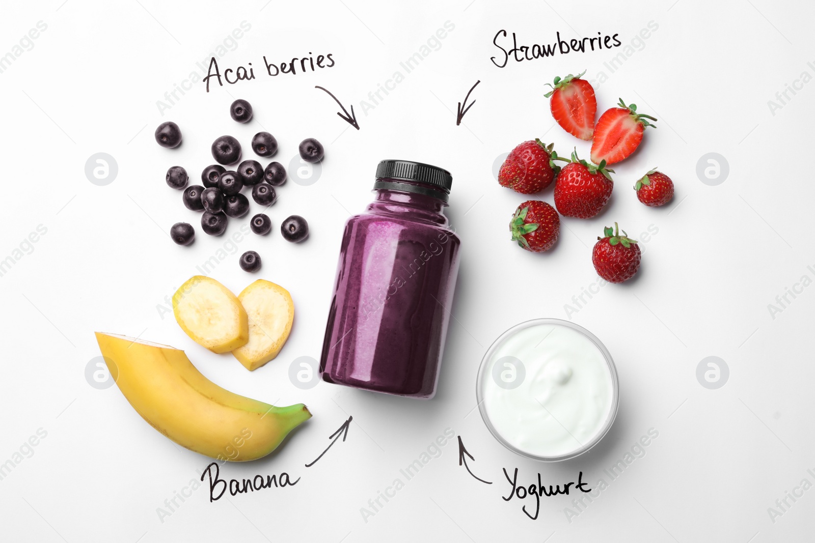 Photo of Bottle of acai drink, ingredients and written product's names on white background, top view