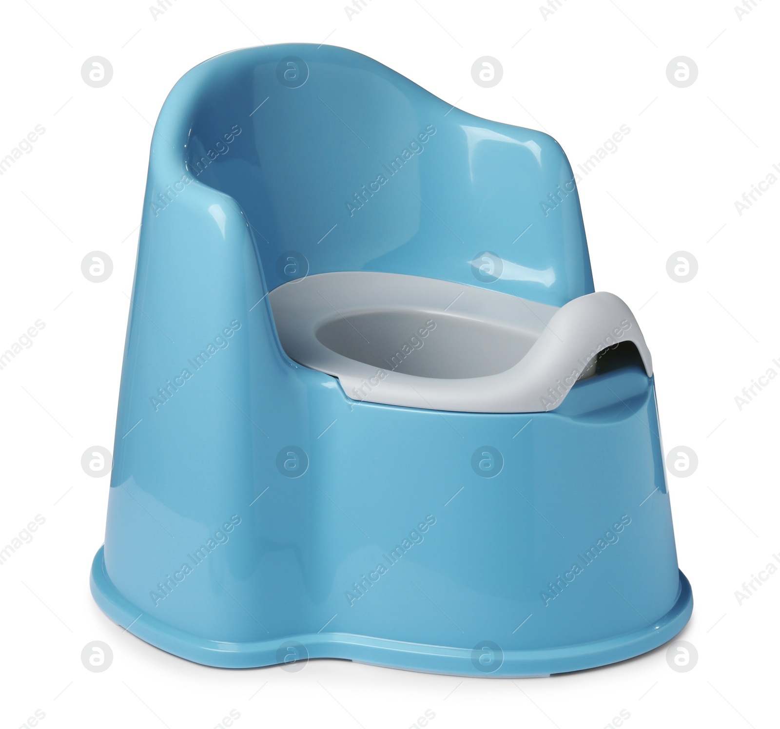 Photo of Light blue baby potty isolated on white. Toilet training