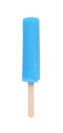 Photo of Delicious ice pop on white background, top view. Fruit popsicle