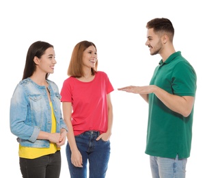 Photo of Hearing impaired friends using sign language for communication isolated on white