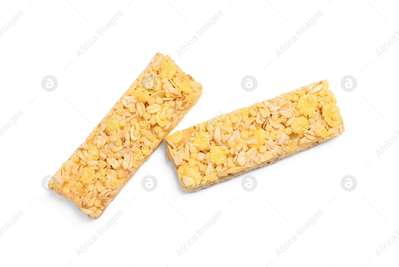 Photo of Two tasty granola bars isolated on white, top view