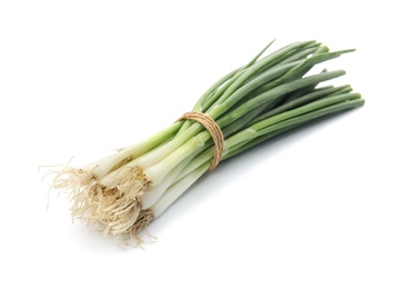 Photo of Tied fresh green onion on white background