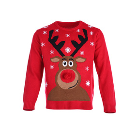Photo of Warm Christmas sweater with deer isolated on white
