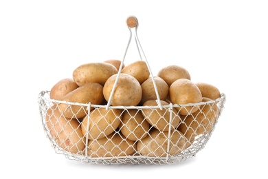 Photo of Basket with fresh ripe organic potatoes on white background