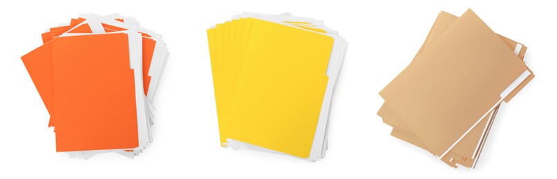 Image of Set of different files with documents on white background, top view. Banner design