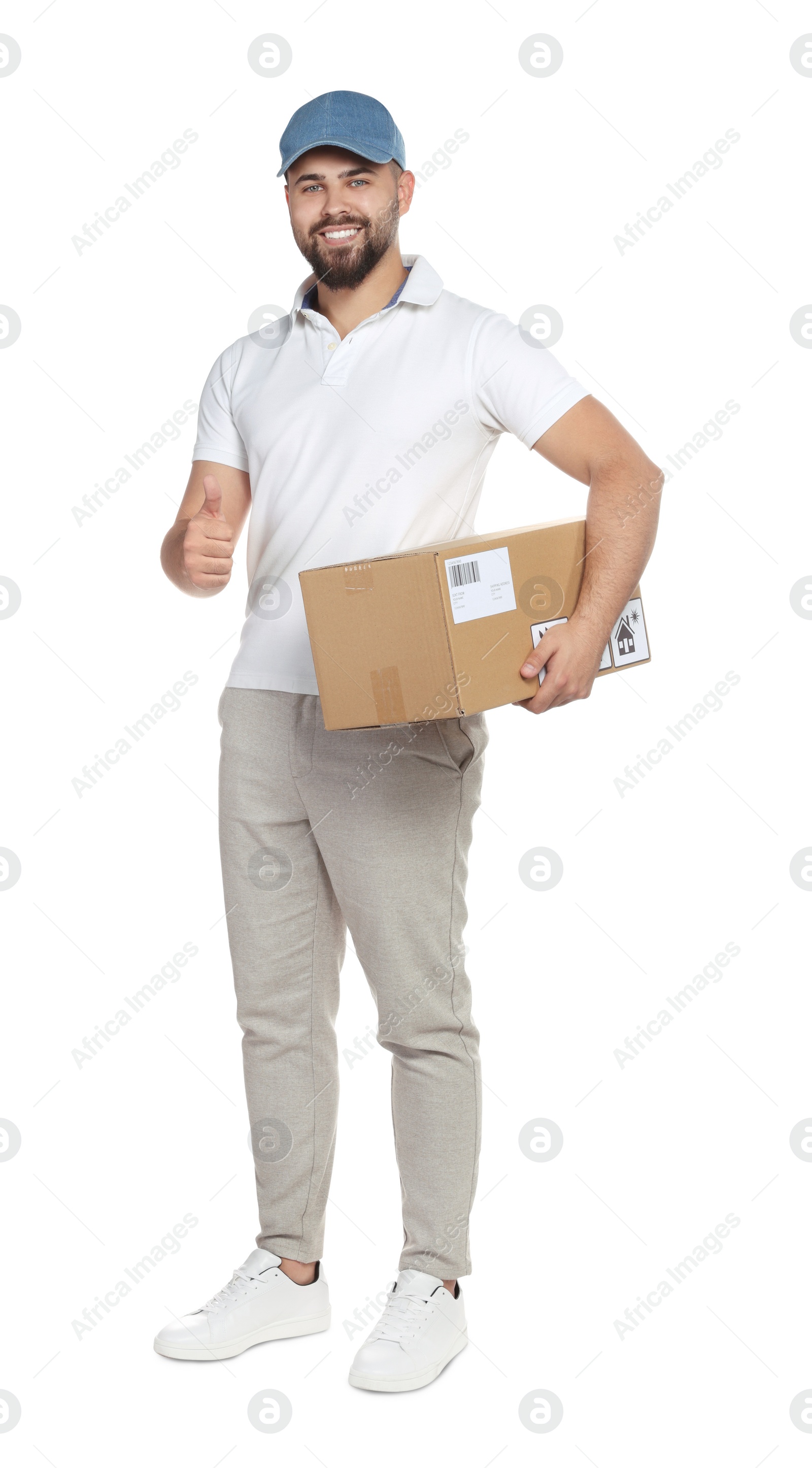 Photo of Courier holding cardboard box on white background