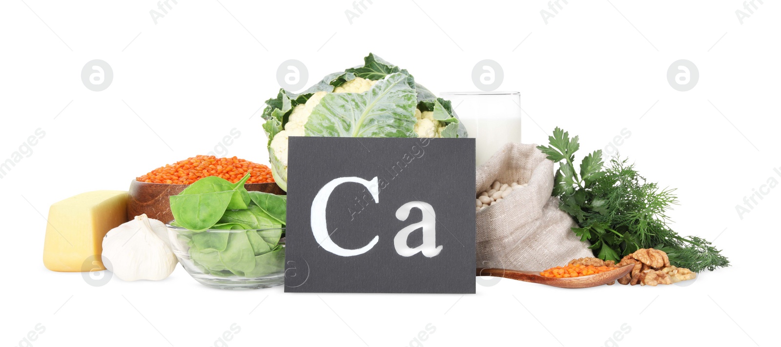 Photo of Set of natural food high in calcium on white background