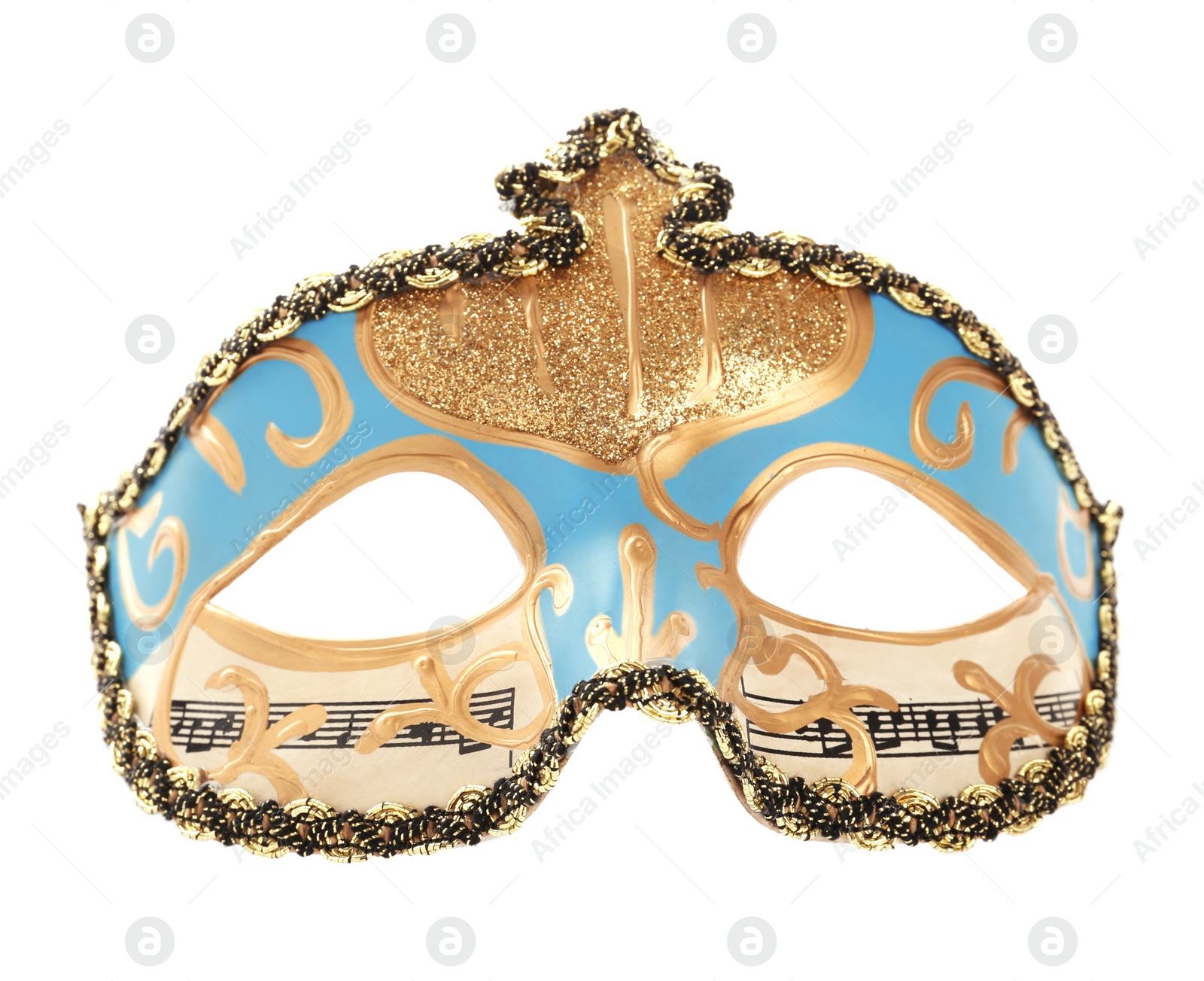 Photo of Beautiful light blue carnival mask isolated on white