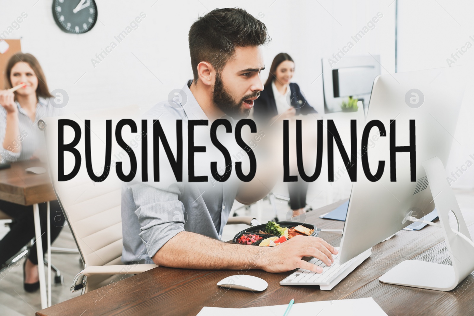 Image of Office employees eating at workplace. Business lunch