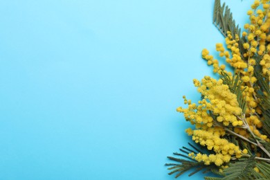 Photo of Beautiful floral composition with mimosa flowers on light blue background, flat lay. Space for text