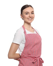Photo of Beautiful young woman in clean striped apron on white background