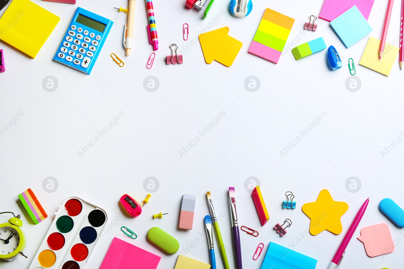 Photo of School stationery on white background, flat lay with space for text. Back to school