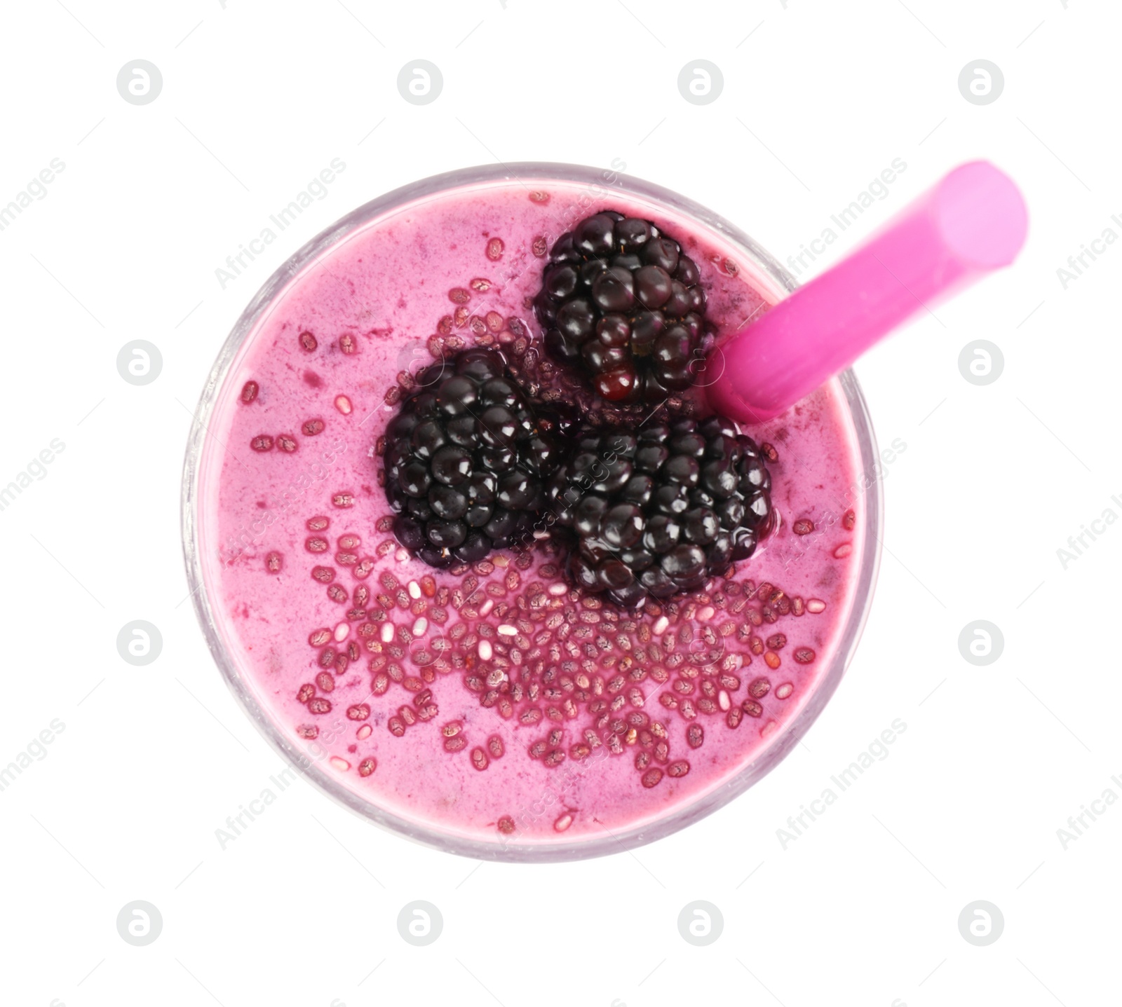 Photo of Delicious blackberry smoothie in glass on white background, top view