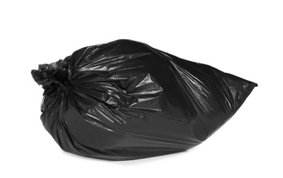 Photo of Black trash bag filled with garbage isolated on white