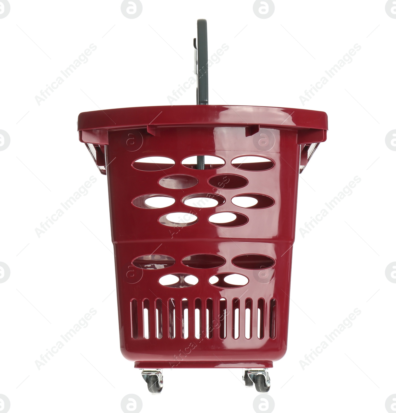 Photo of Red empty shopping basket isolated on white