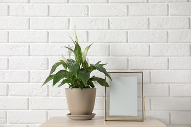 Photo of Spathiphyllum plant in pot and photo frame on table near brick wall, space for design. Home decor