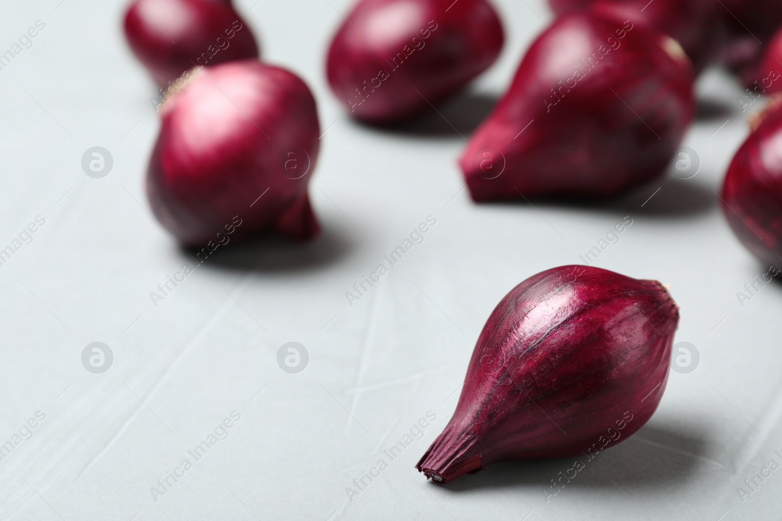 Photo of Fresh ripe red onions on grey table