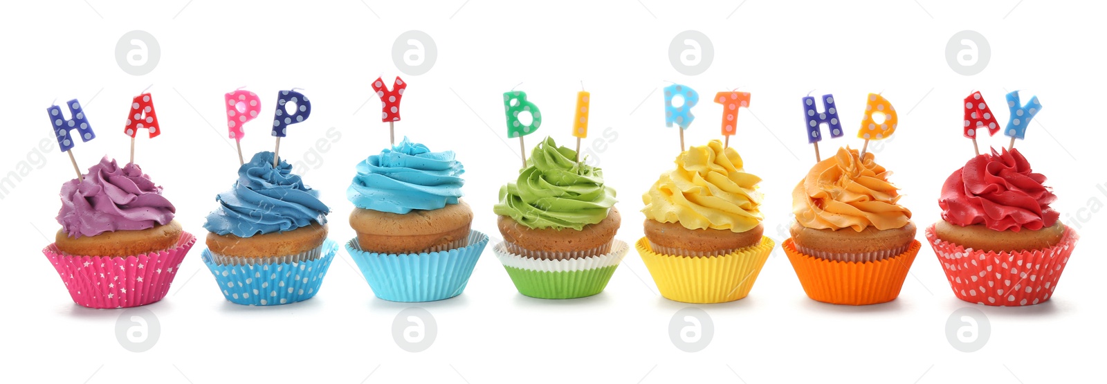 Photo of Birthday cupcakes with candles on white background