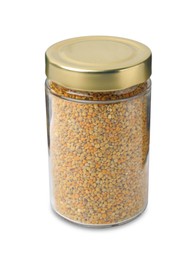 Photo of Fresh bee pollen granules in jar isolated on white