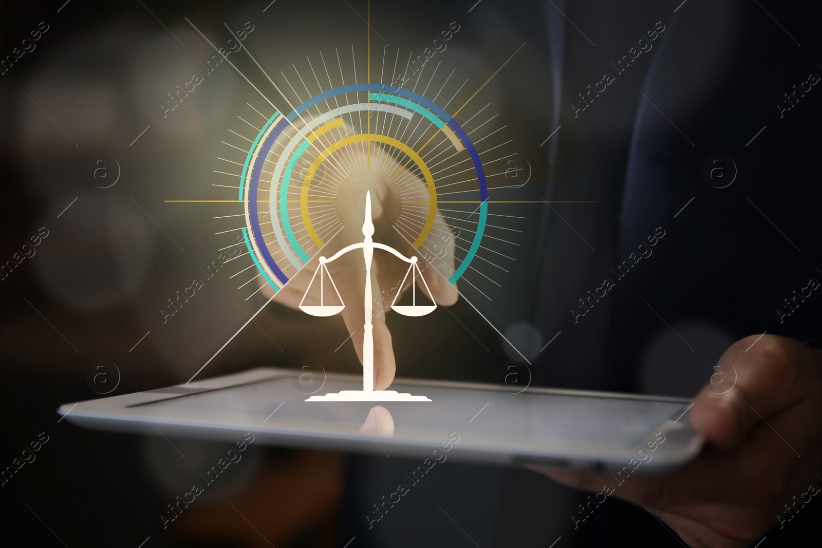 Image of Scales icon and lawyer using tablet at workplace, closeup 