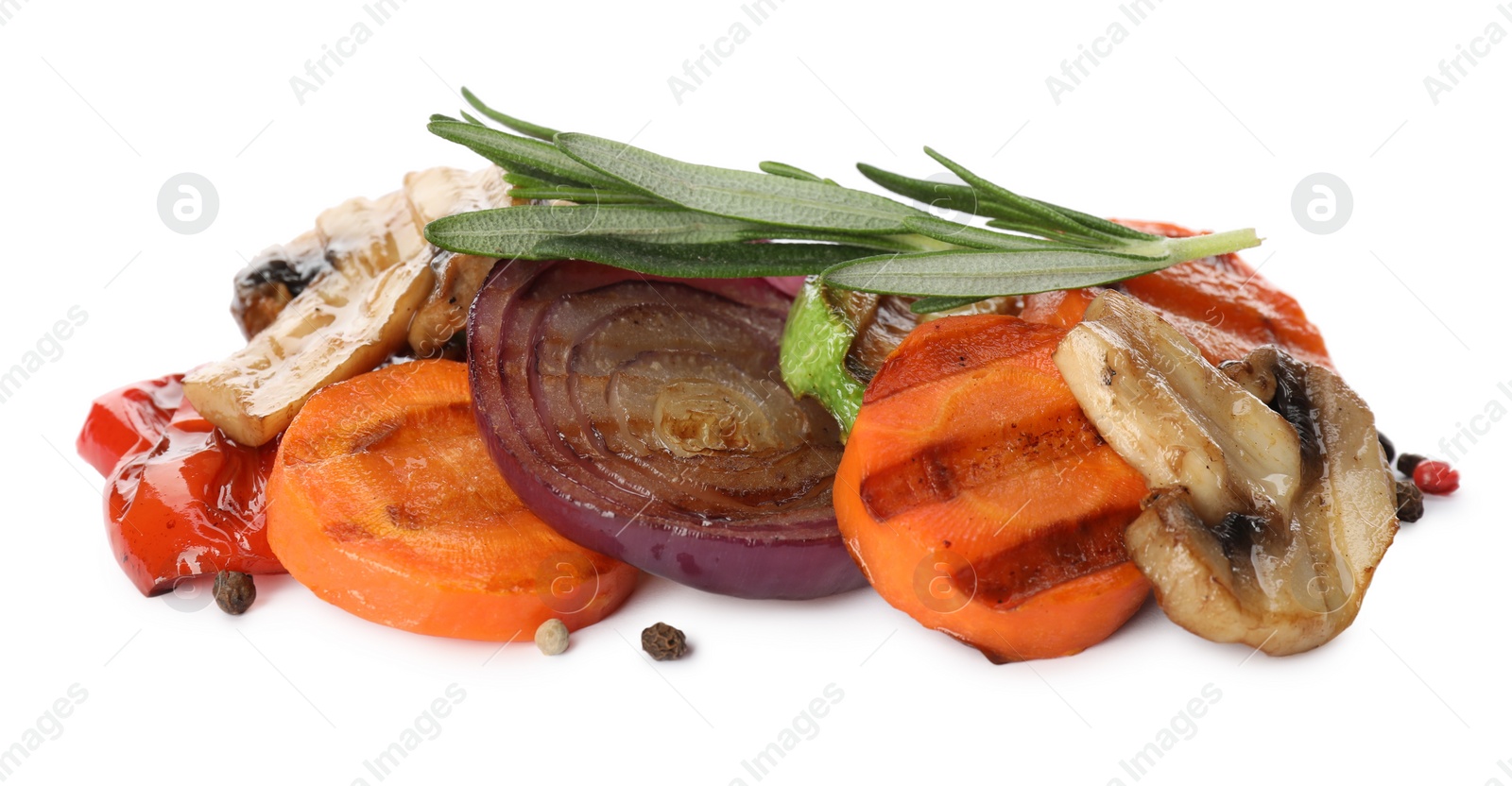 Photo of Mix of delicious grilled vegetables on white background