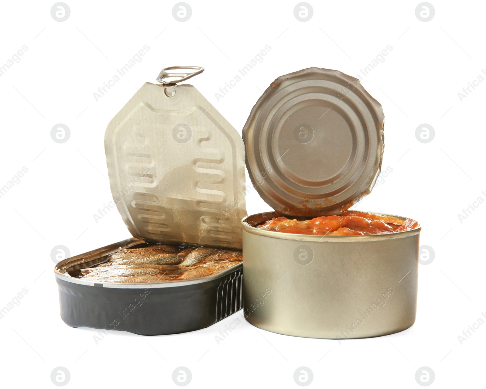 Photo of Open tin cans of fish in tomato sauce and sprats isolated on white