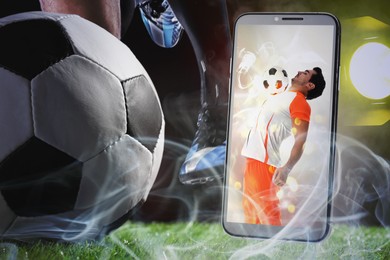 Image of Sports betting, online bookmaker service. Man kicking soccer ball on stadium, closeup. Mobile phone with football player