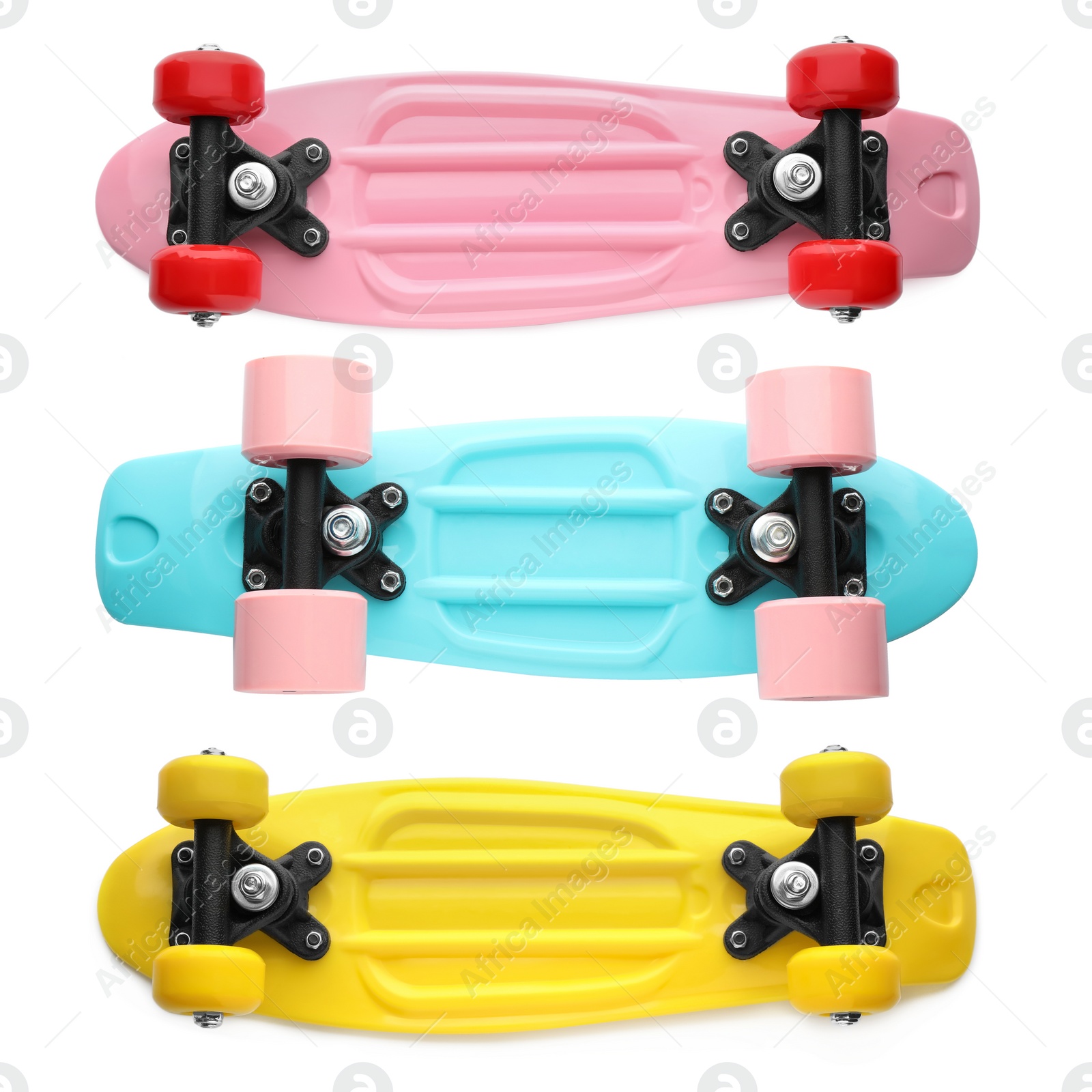 Image of Set with different colorful skateboards on white background, top view. Sport equipment