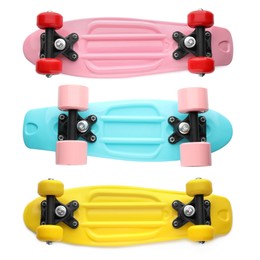 Image of Set with different colorful skateboards on white background, top view. Sport equipment