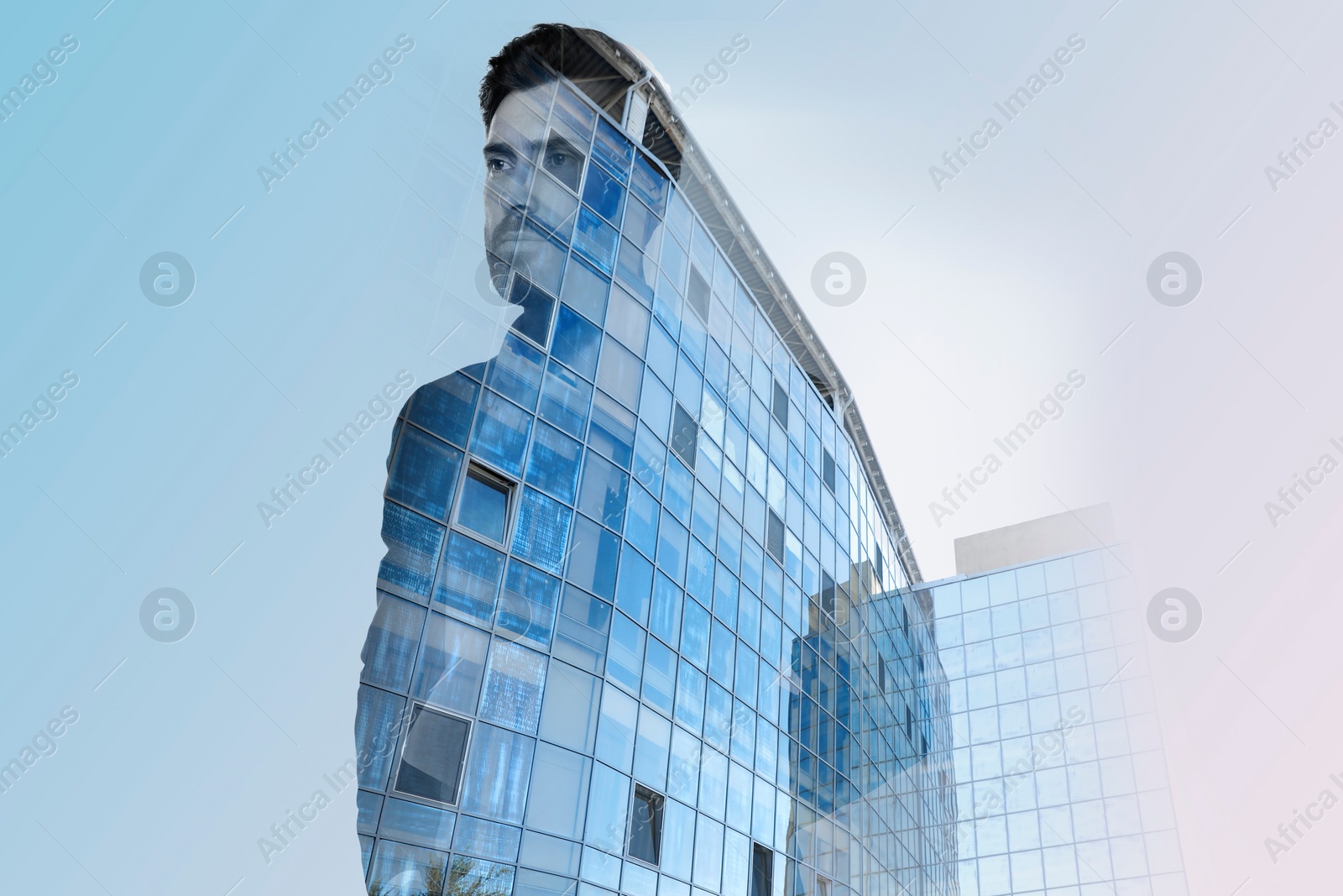 Image of Double exposure of businessman and cityscape with office buildings