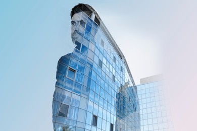 Double exposure of businessman and cityscape with office buildings