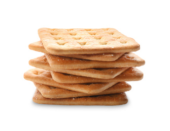 Photo of Stack of delicious crispy crackers isolated on white