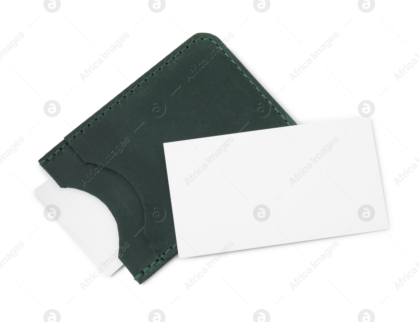 Photo of Leather business card holder with cards isolated on white, top view